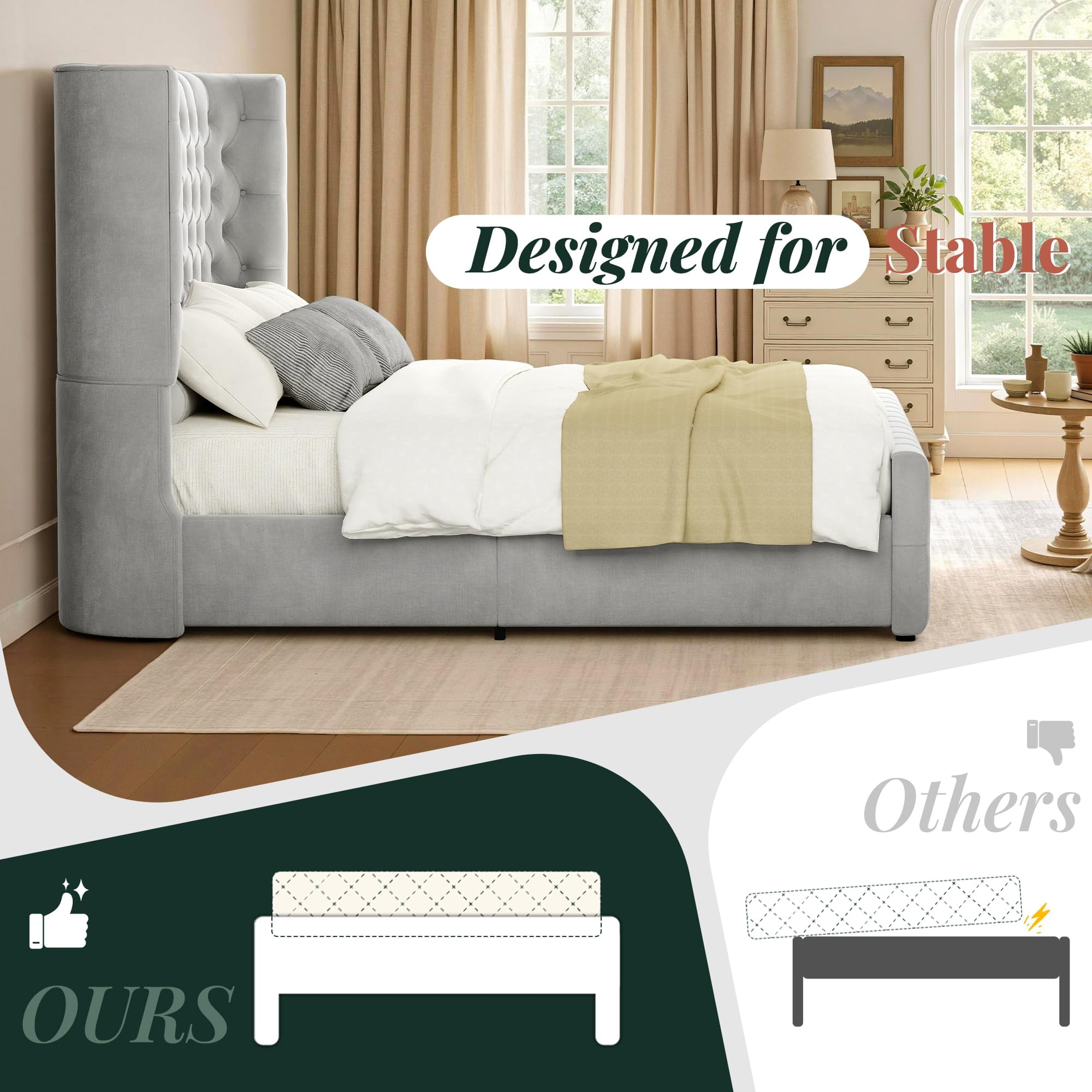 Amerlife King Bed Frame with 49” Upholstered Wingback Headboard, Noise-Free Platform Bed with Steel Frame and Slip-Resistant Edges, Light Grey