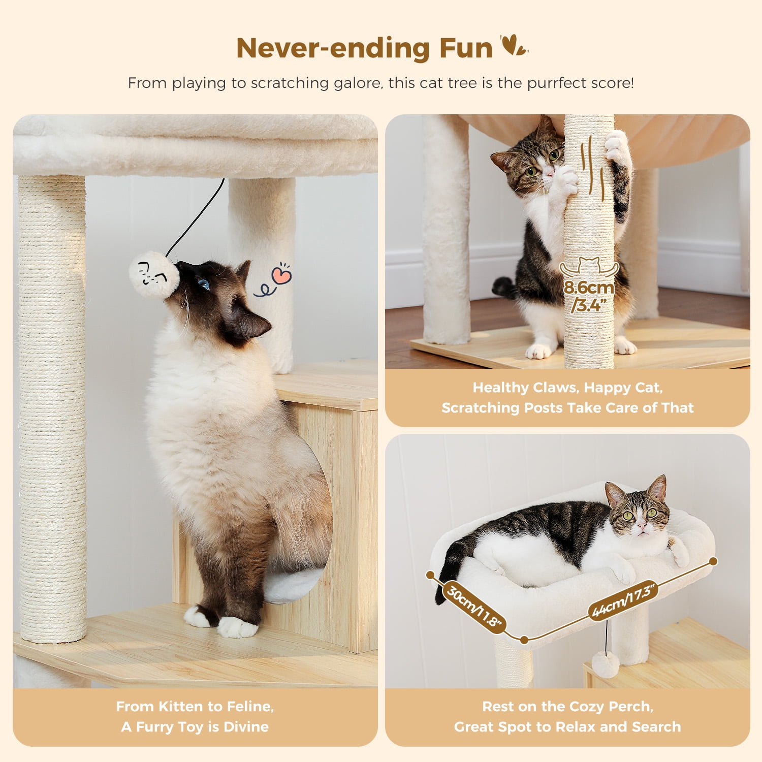 PEQULTI 56.3" Wood Cat Tree for Indoor Cat Cat Tower with Sisal Scratching Post and Large Hammock Beige