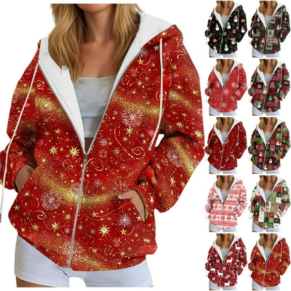 idosla Women's Christmas Zip Up Hoodies Boho Long Sleeve Printed Drawstring Oversized Hooded Sweatshirt with Pockets (Black, XL)