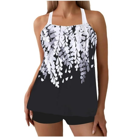 Wyobmus Tankini Swimsuit for Women Vintage Printed Bathing Suit Crossback Strap Adjustable Summer Tank Top Two Piece Swimwear With Boyshorts Black