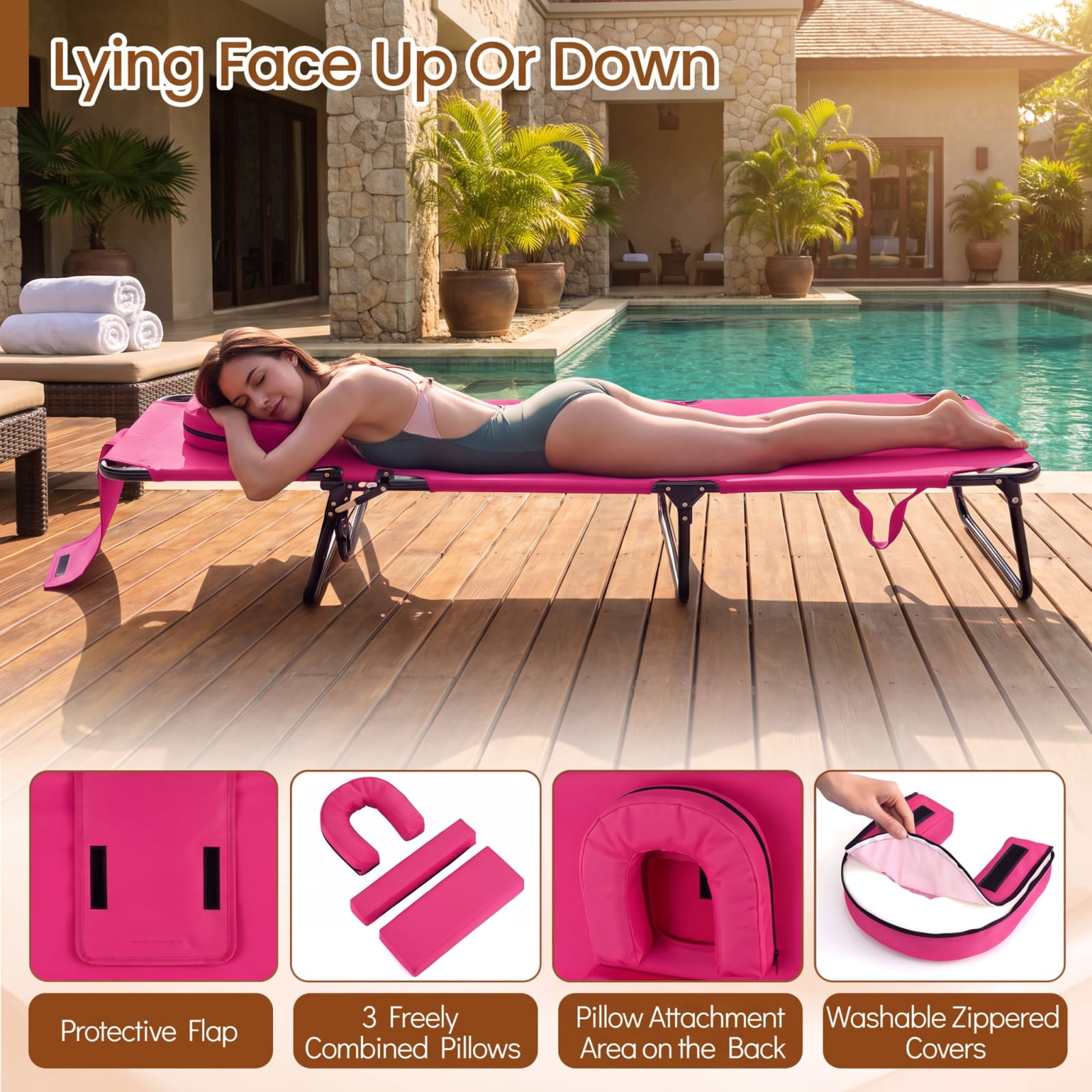 Furnibear Folding Patio Chair Solid Metal for Backyard Deck Garden Pink 330 lbs Capacity Weather-Resistant Outdoor Furniture