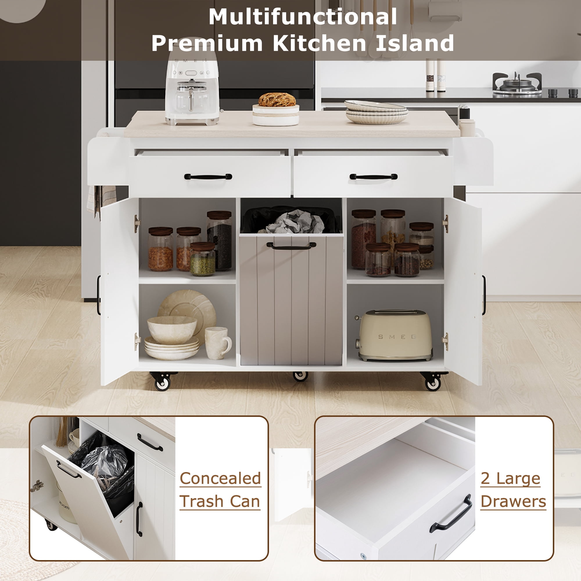 EUROCO 500LBS Rolling Kitchen Island with 15 Gallon Storage Trash Can,Kitchen Cart Island with Drop Leaf,Tilt Out Kitchen Trash Cabinet with Spice Rack, Adjustable Shelf and Drawers,White