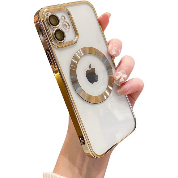 for iPhone 11 Case Clear with Camera Lens Protector MagSafe Electroplated Silicone Dust-Proof Net Shockproof Protective Case Cover 6.1 Inch - Gold