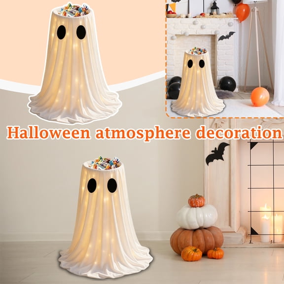 MInHoues 30 Inch Lighted Ghost Candy Bowl Stand, LED Fabric Ghost Candy Holder, Freestanding Spooky Ghost Decor for Front Porch Indoor Outdoor Halloween Display