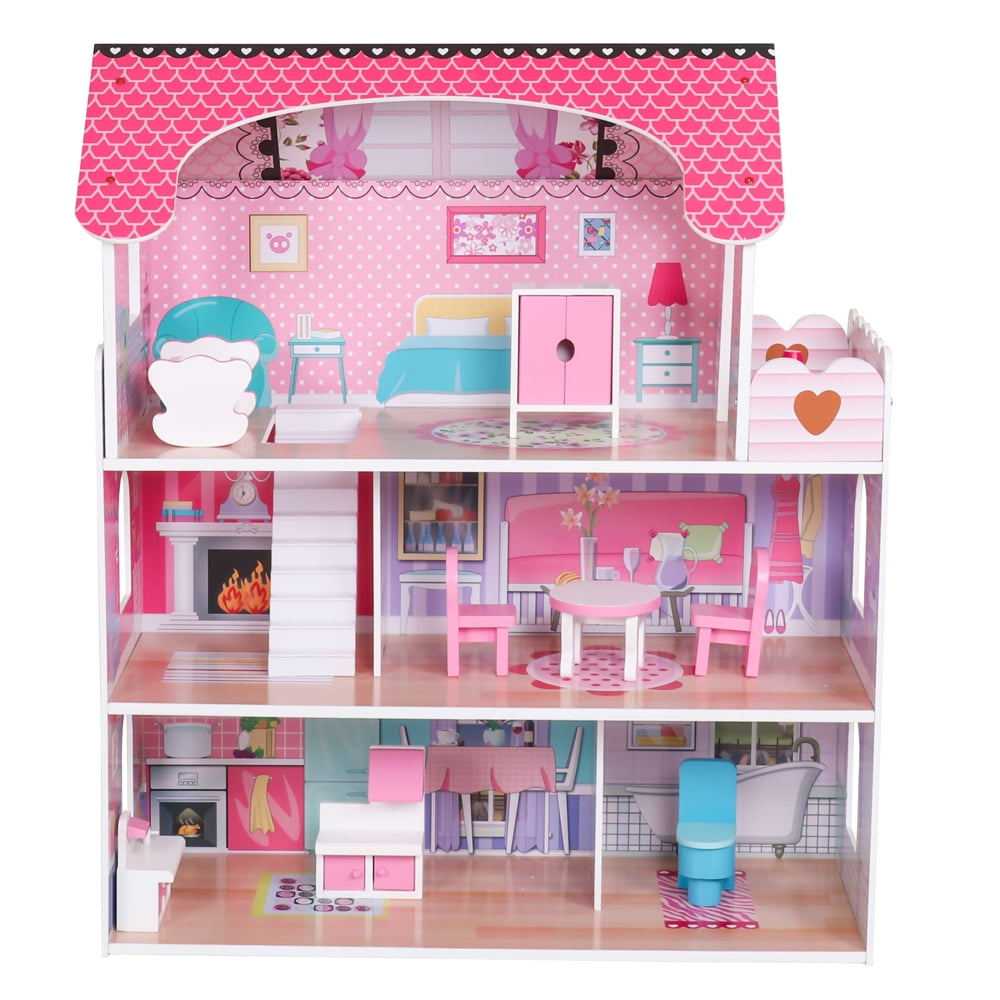 XGEEK 3Level 27.56in Kids Wooden Cottage Uptown MDF Pink Dollhouse
