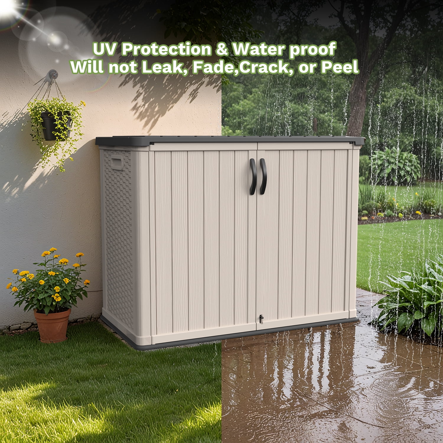 Patiowell 26 Cu.FT Outdoor Storage Shed with Floor, Lockable & Waterproof Horizontal Resin Cabinet for Patio Tools, Beige
