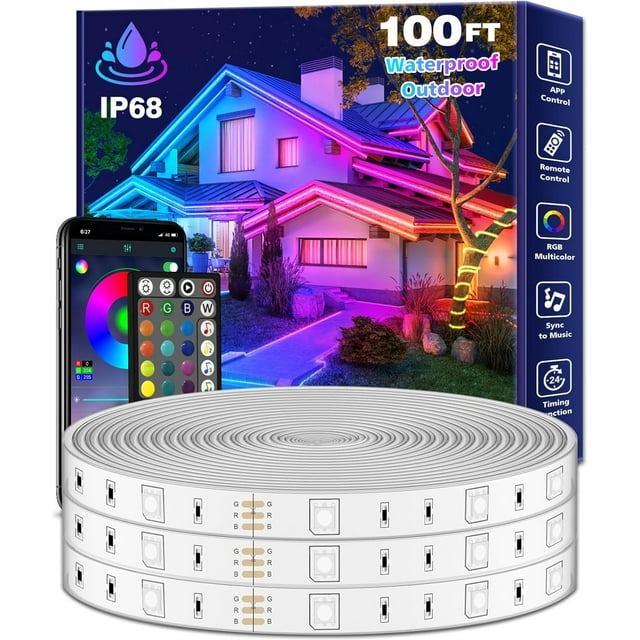 100Ft Outdoor LED Strip Lights Waterproof,Music Sync RGB IP68 Outside Led Light Strips Waterproofs with App and Remote,Exterior Led Rope Lights Waterproof for Deck,Balcony,Roof,Garden,Pool