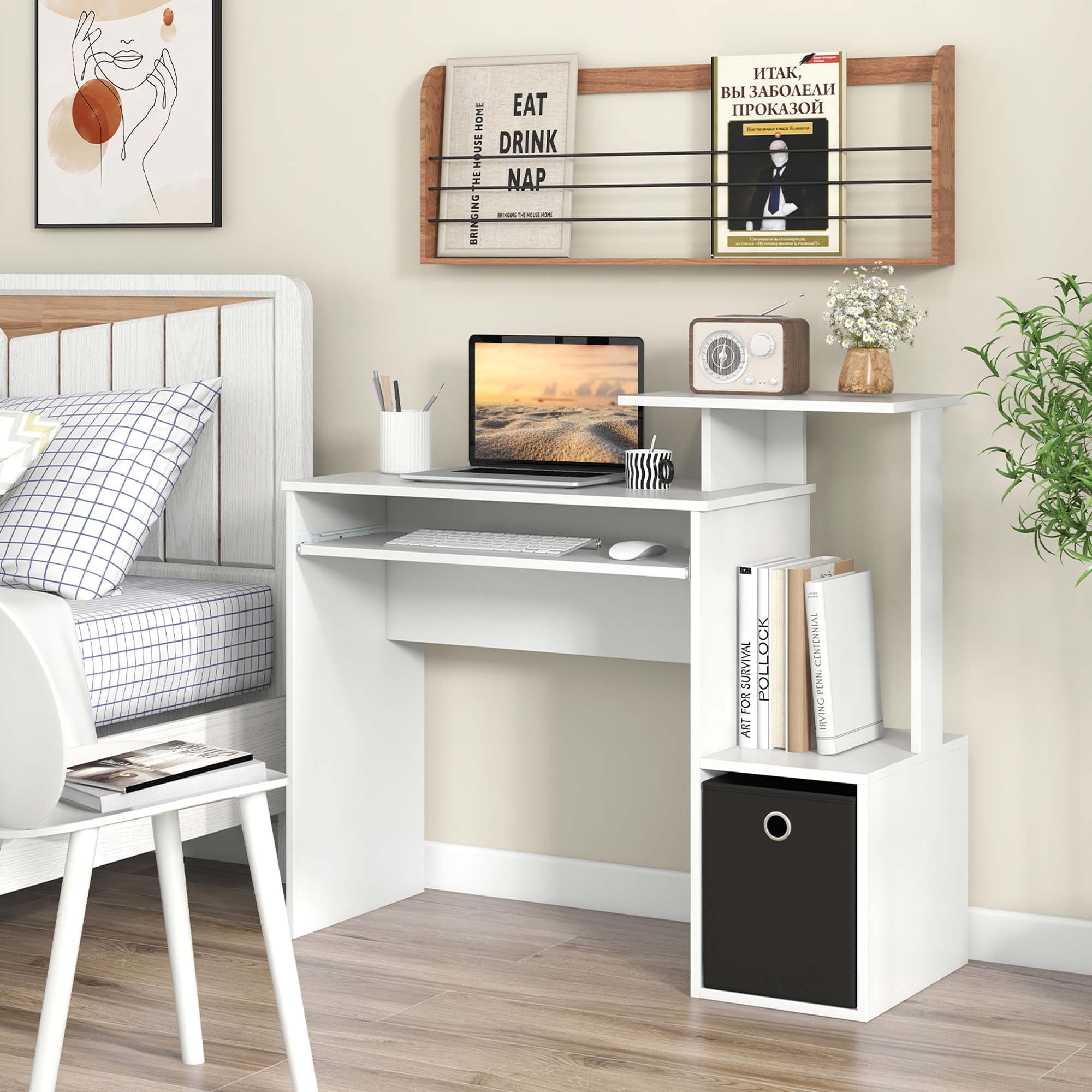 Costway Home Office Computer Desk Space-saving Study Writing Desk with Keyboard Tray White