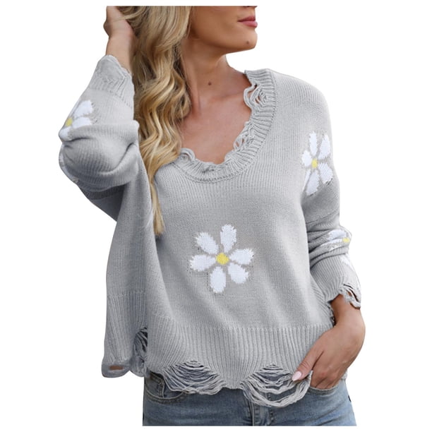 Suéter de punto informal de manga larga de otoño e invierno para mujer con cuello en V estampado Pompotops hdfakjf11602
