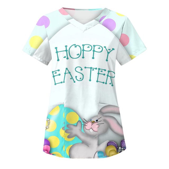 LSLJS Blouse Infirmière Femme de Pâques Imprimé Œufs Lapins T-Shirt Col en V Uniforme de Travail avec Poches