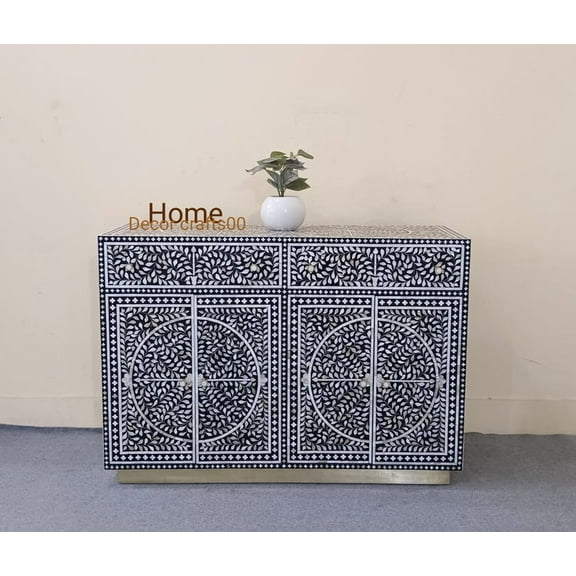 Handmade Mother of Pearl Inlay Bar Cabinet - Indian Bone Inlay Furniture