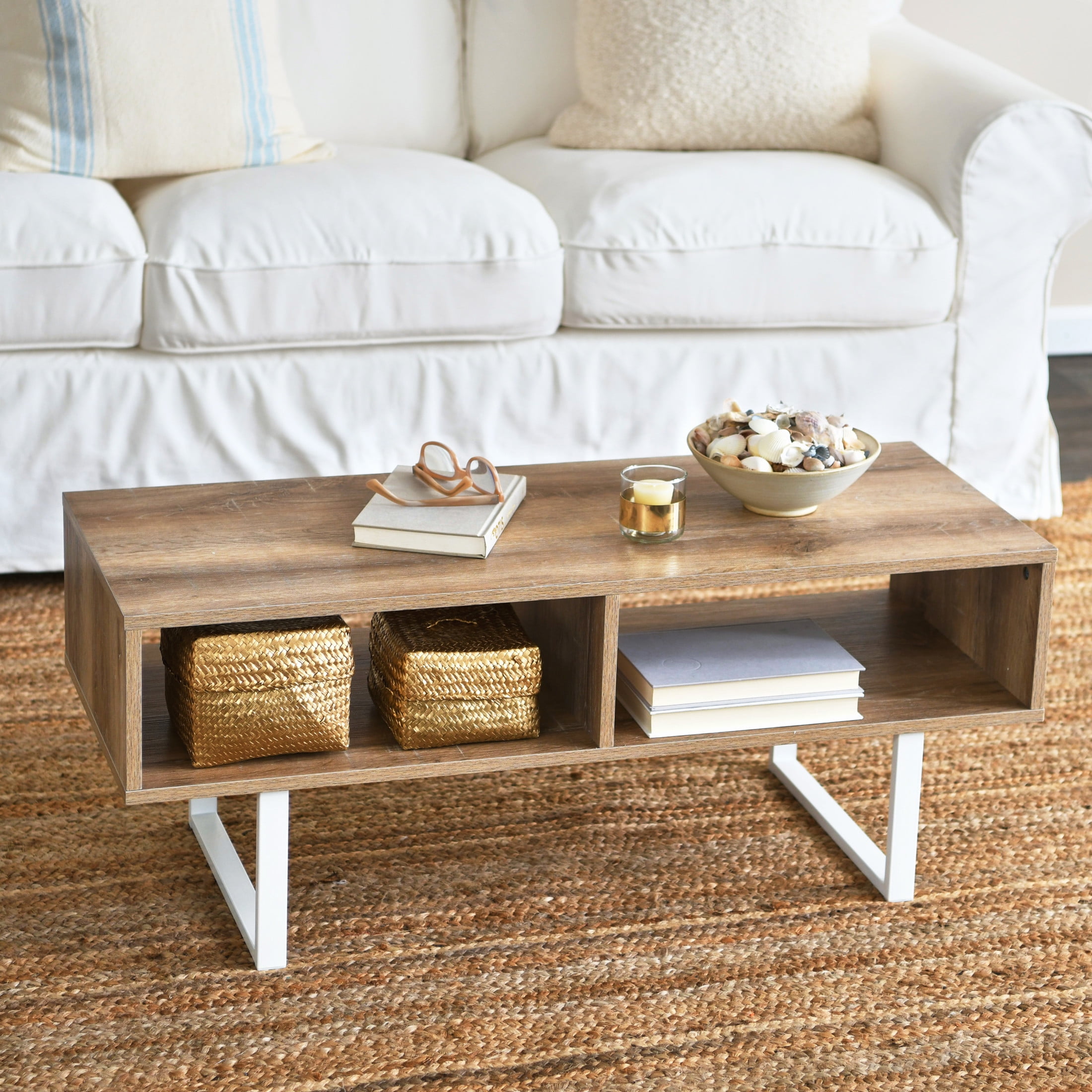 Household Essentials Jamestown TV Stand Coffee Table with Rectangular Storage Compartments Coastal Oak Rustic Wood Grain and White Metal