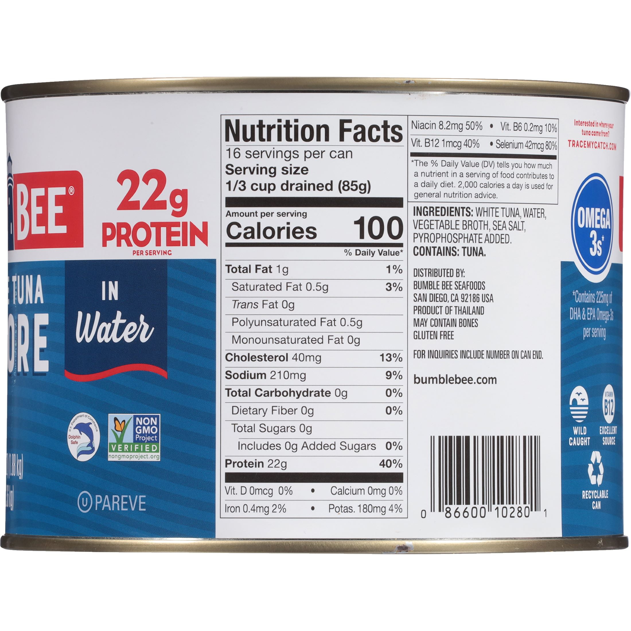 Bumble Bee Solid White Albacore Tuna in Water, Wild Caught, Gluten Free, 22g Protein per Serving, Shelf Stable Can, 66.5 oz