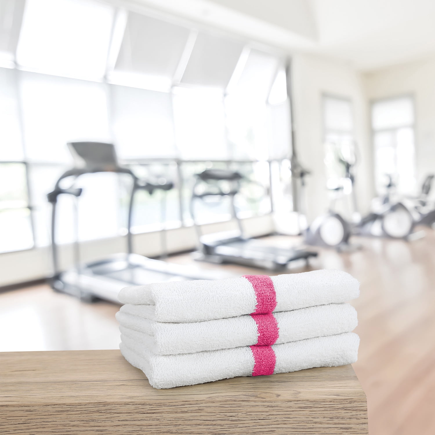 Arkwright Power Gym Hand Towels (12 Pack), 16x27 in., Soft Cotton, White with Pink Stripe