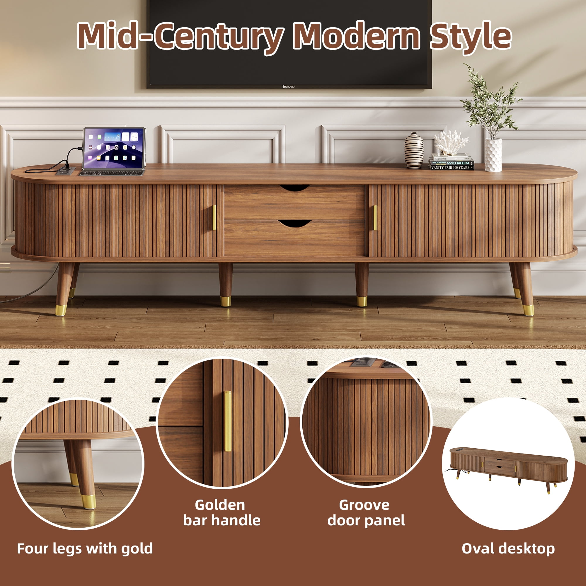 Euroco Mid-Century Modern TV Stand for TVs up to 80", Fluted Sliding Doors, Charging Station with USB & AC Outlets, Adjustable Shelves，Walnut