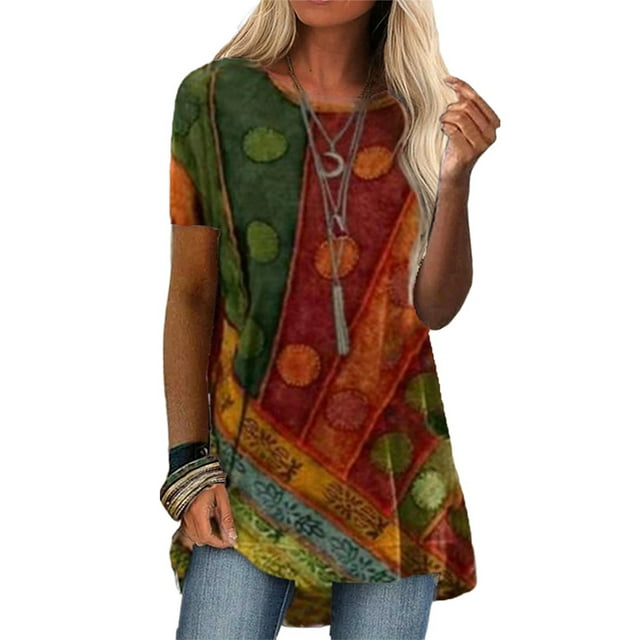 Oucaili Camiseta de manga corta con estampado digital informal de cuello redondo retro para mujer
