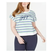 TOMMY HILFIGER Womens White Striped Cap Sleeve Crew Neck Top Plus Size: 0X