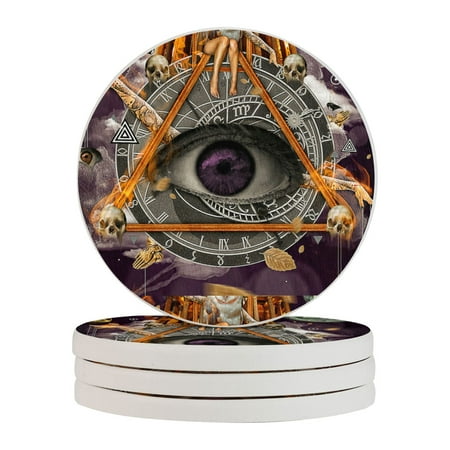 

Circular Drink Coasters Set Trippy Eyes Skull Skeleton Owl Beautiful Home Decor Diatomite Heat-Resistant Diatomite Protect Table Countertop