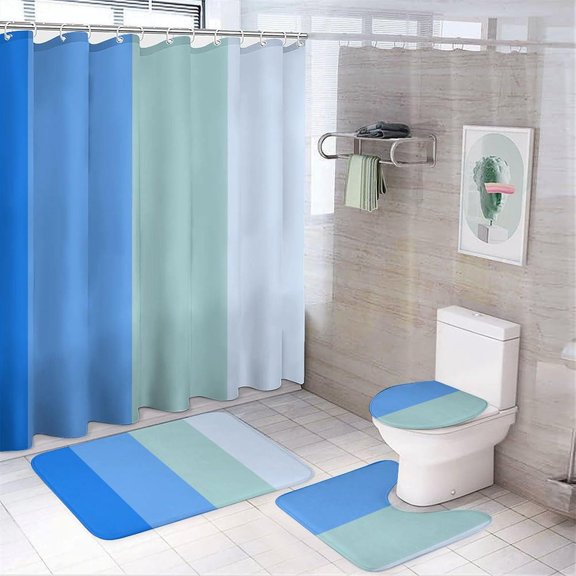 4Pcs Elegant Clear Faux Gold Glitter Stripes Pattern Shower Curtain Sets, Bathroom Set Decor with Non-Slip Bath Mat, Toilet Lid Rug and Contour Mat, 72 x 72inch