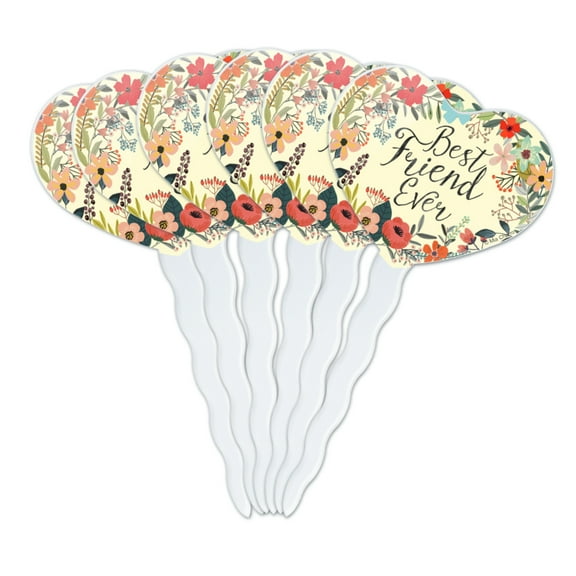 Best Friend Ever Floral Heart Love Cupcake Picks Toppers Decoration Set of 6