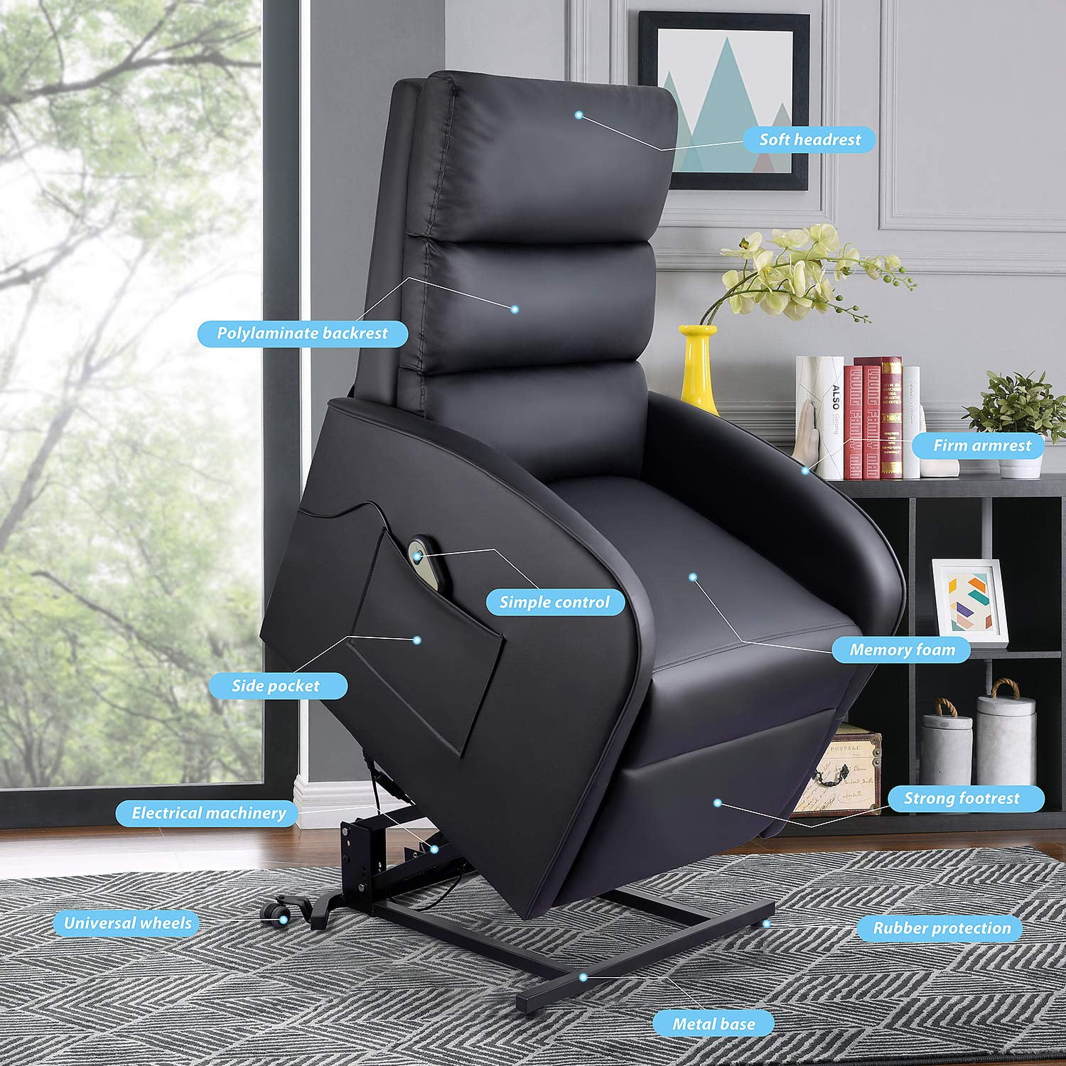 walnew slim power lift recliner with massage remote control and huge  pocket black faux leather
