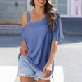 thumbnail image 4 of Womens Tops Plus Size Short-Sleeved Round Neck Solid Color Off-Shoulder Summer Casual Outer Wear Loose Shirt Blue XL, 4 of 6