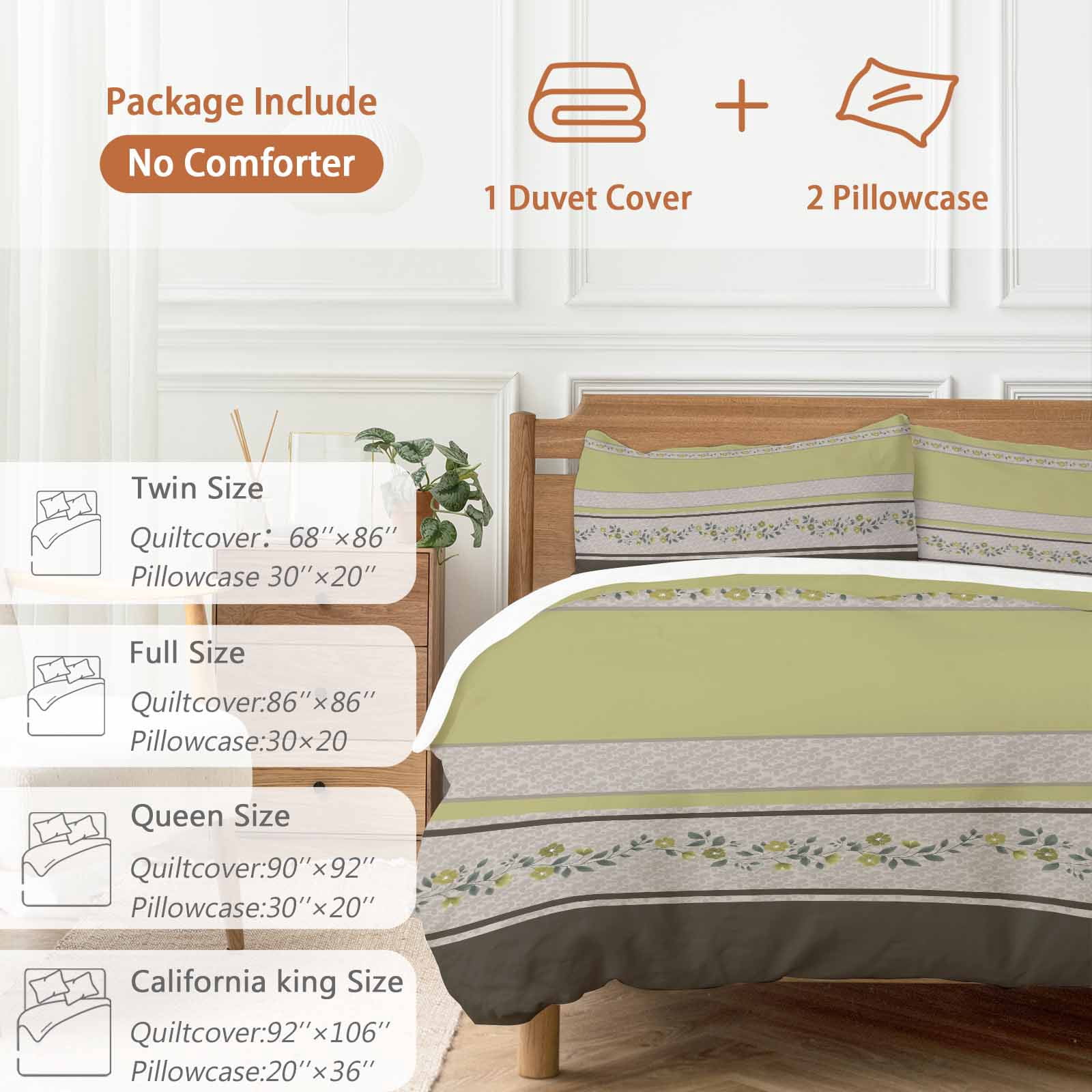 Sage Green Floral Bedding 3 Piece Duvet Cover Set California King, Modern Farmhouse Leaves Brown Striped Microfiber Comforter Cover with Zipper Closure & Pillowcases, FadeResistant Quilt Cover