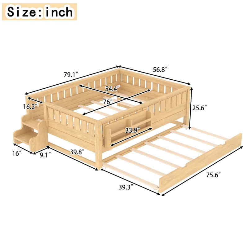Full Size Low-Profile Kid's Platform Bed with Built-in Bookshelves & Small Staircase, Wooden Bed Frame with Safety Rails & Trundle