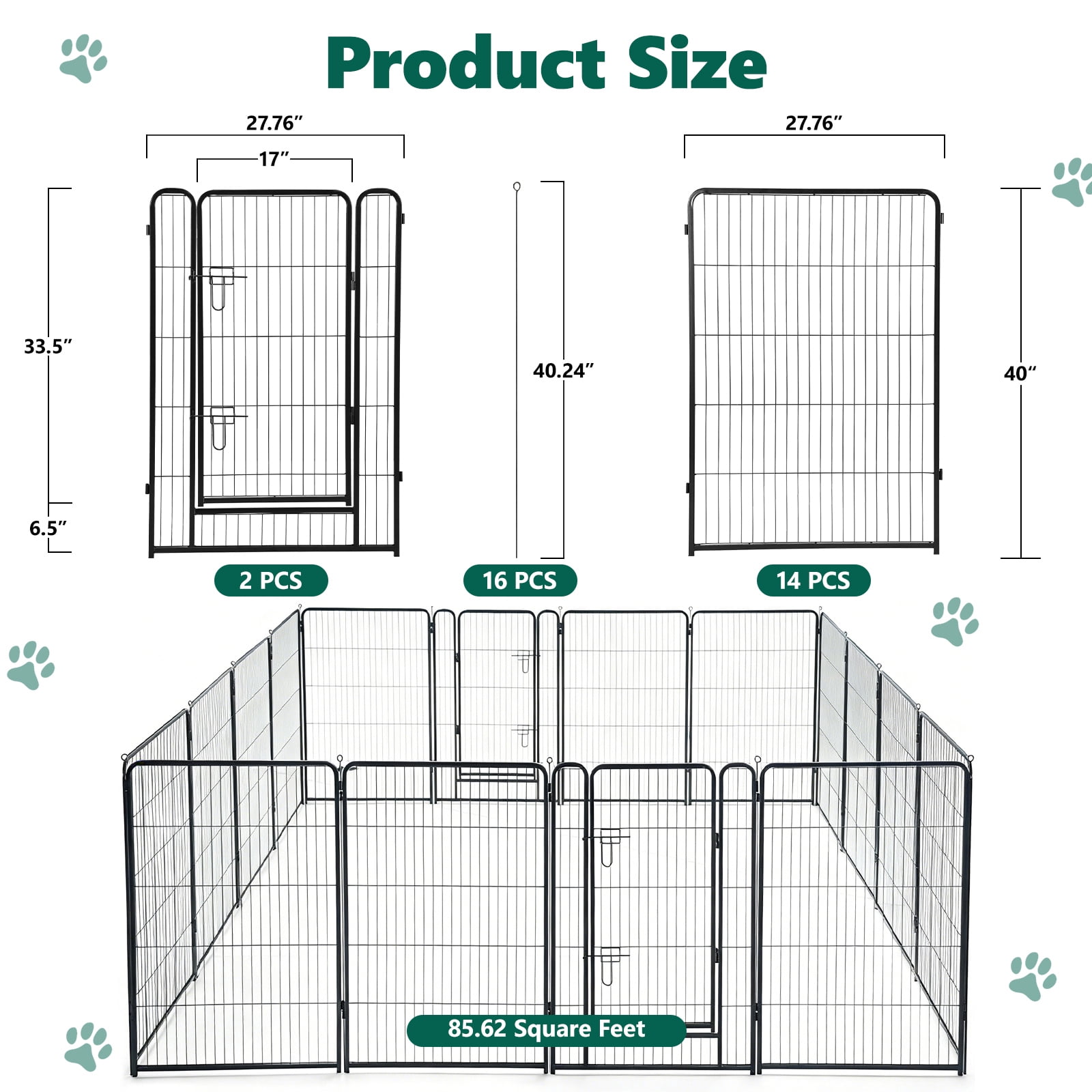 HaiCube Dog Playpen for Large Dogs, 40" 16 Panels Heavy Duty Metal Pet Playpen with Door, Foldable Indoor Outdoor Puppy Exercise Pen Fence