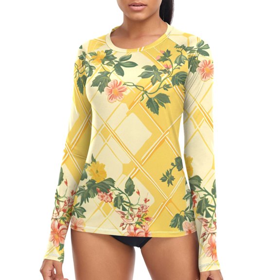joogoo Womens UPF 50 Sun Shirts Flowers on Checkered Grid Pattern Long Sleeve UV Protection Rash Guard Tops S