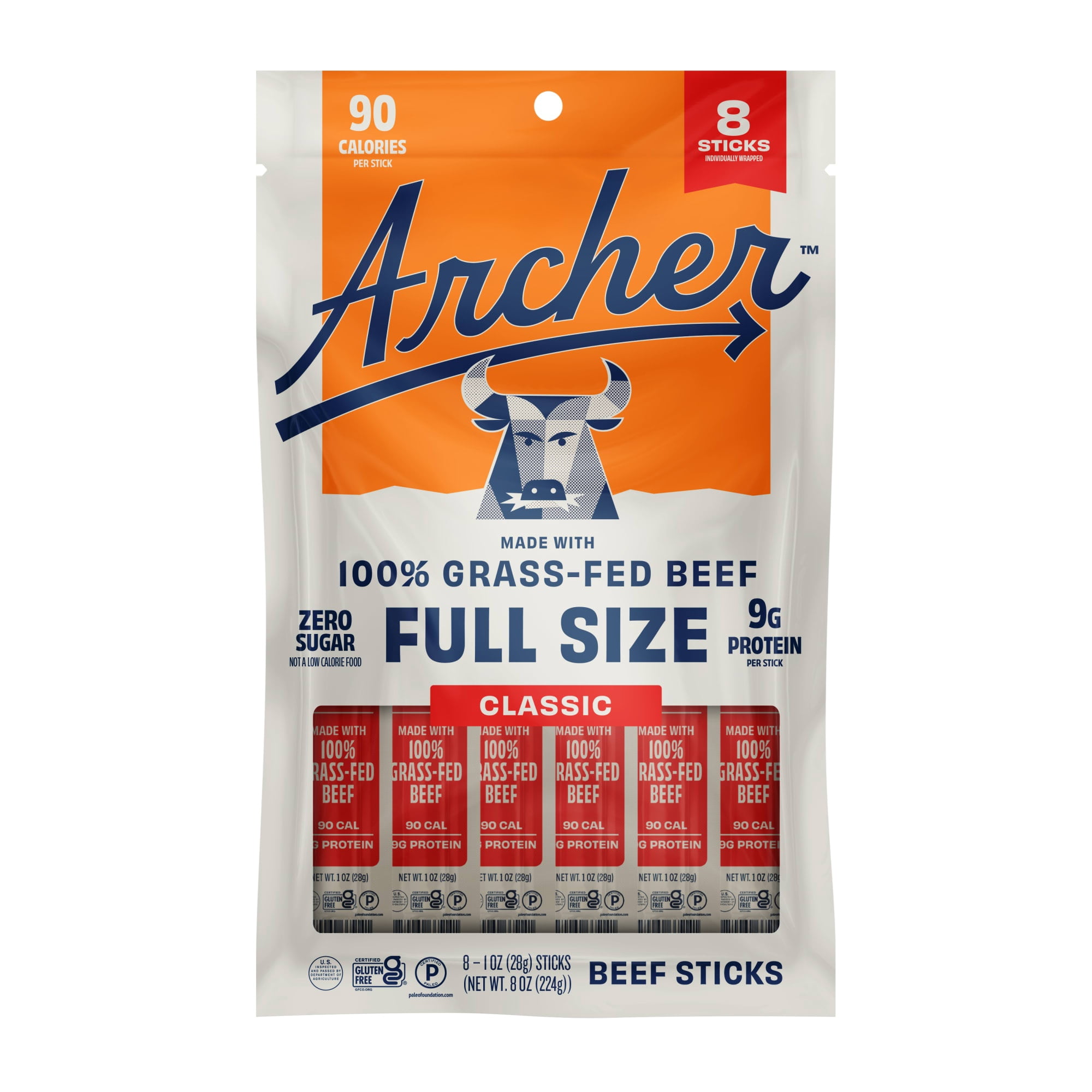 (6 pack) Archer Classic Beef Jerky Sticks, 9g Protein, 100% Grass-Fed, Zero Sugar, 1 oz, 8 Count