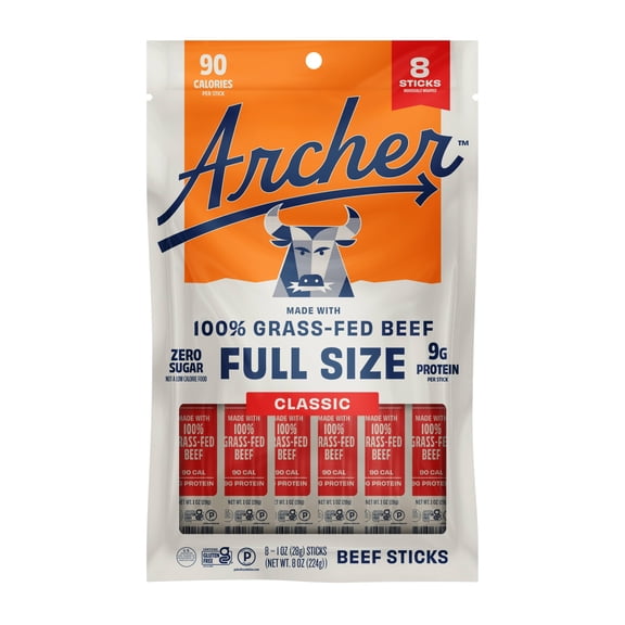 Archer Classic Beef Jerky Sticks, 9g Protein, 100% Grass-Fed, Zero Sugar, 1 oz, 8 Count