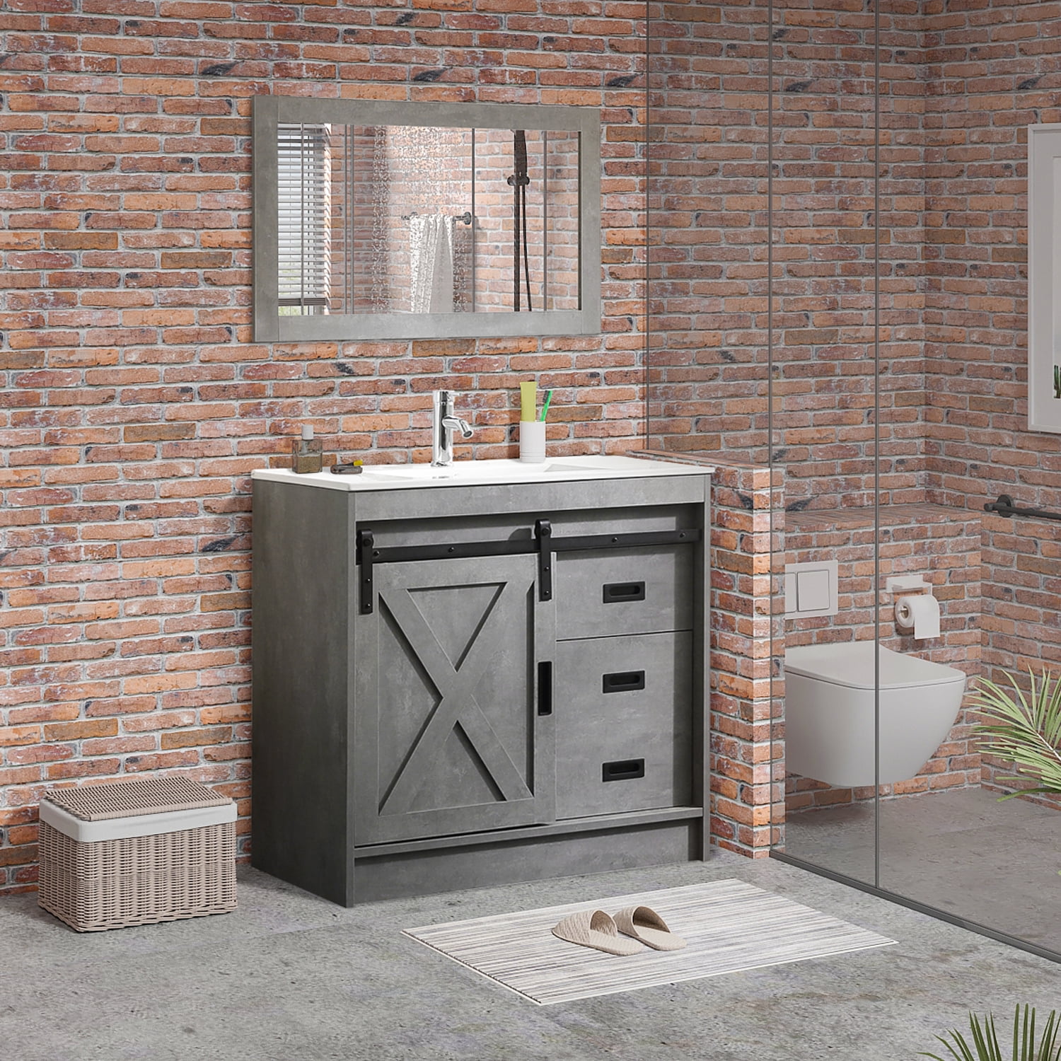 Wonline 36 in. Grey Bathroom vanity Sink Set Sliding Barn Door Track ...