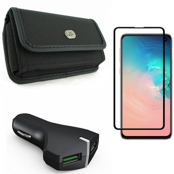 Galaxy S10e Screen Protector w Car Charger w Case Belt Clip - Tempered Glass 5D Curved Edge, 36W Fast 2-Port USB Power, Rugged Holster Canvas for Samsung Galaxy S10e Phone