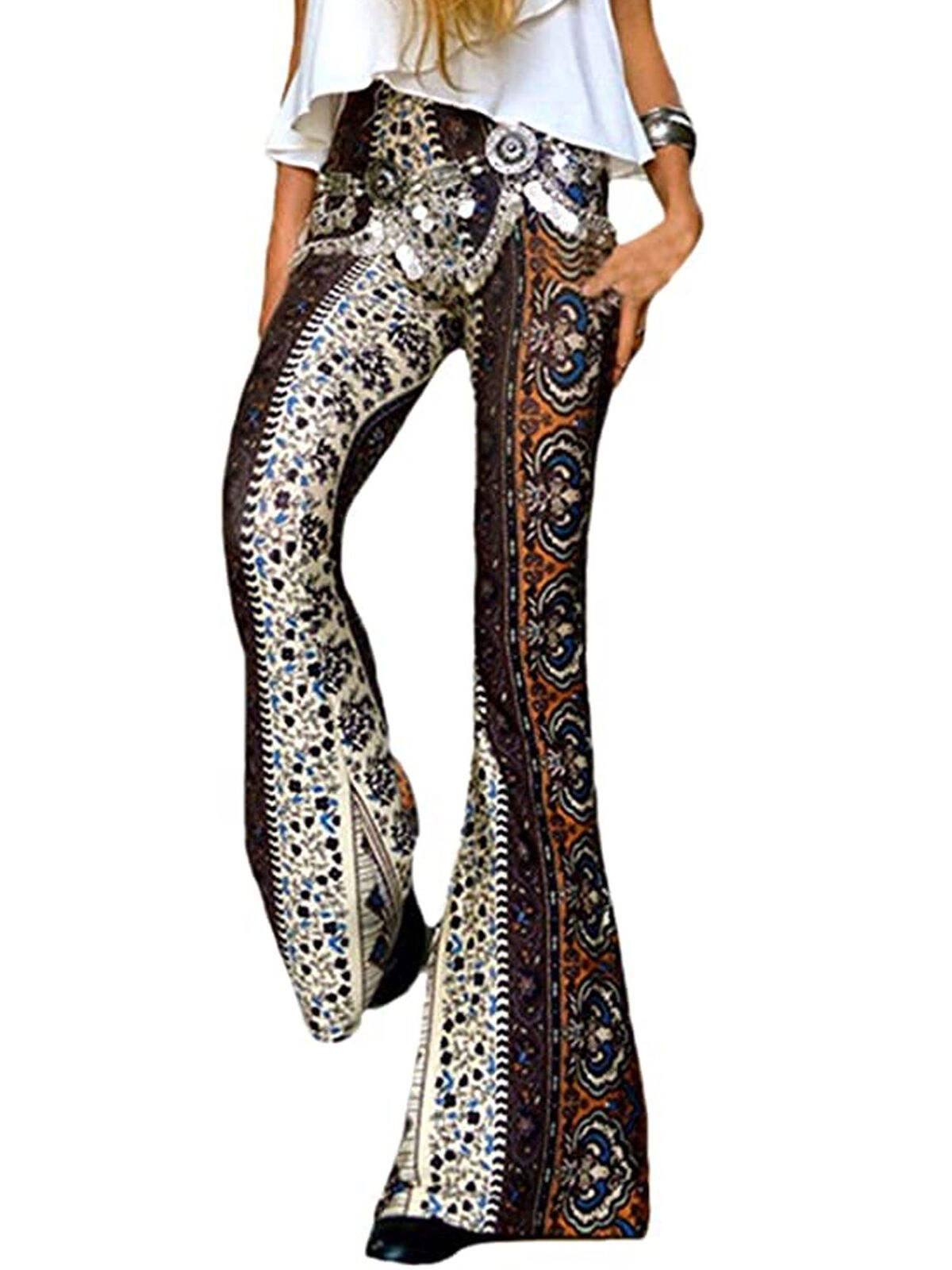 mlpeerw US Women's Boho Hippie High Waist Printed Wide Leg Long Flared