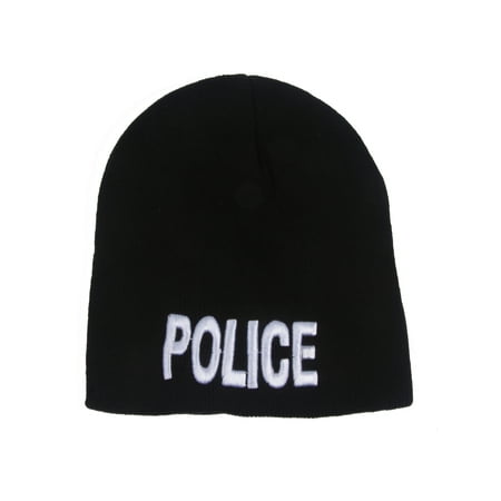- Cuffless Embroidered Police Text Style Beanie - Black