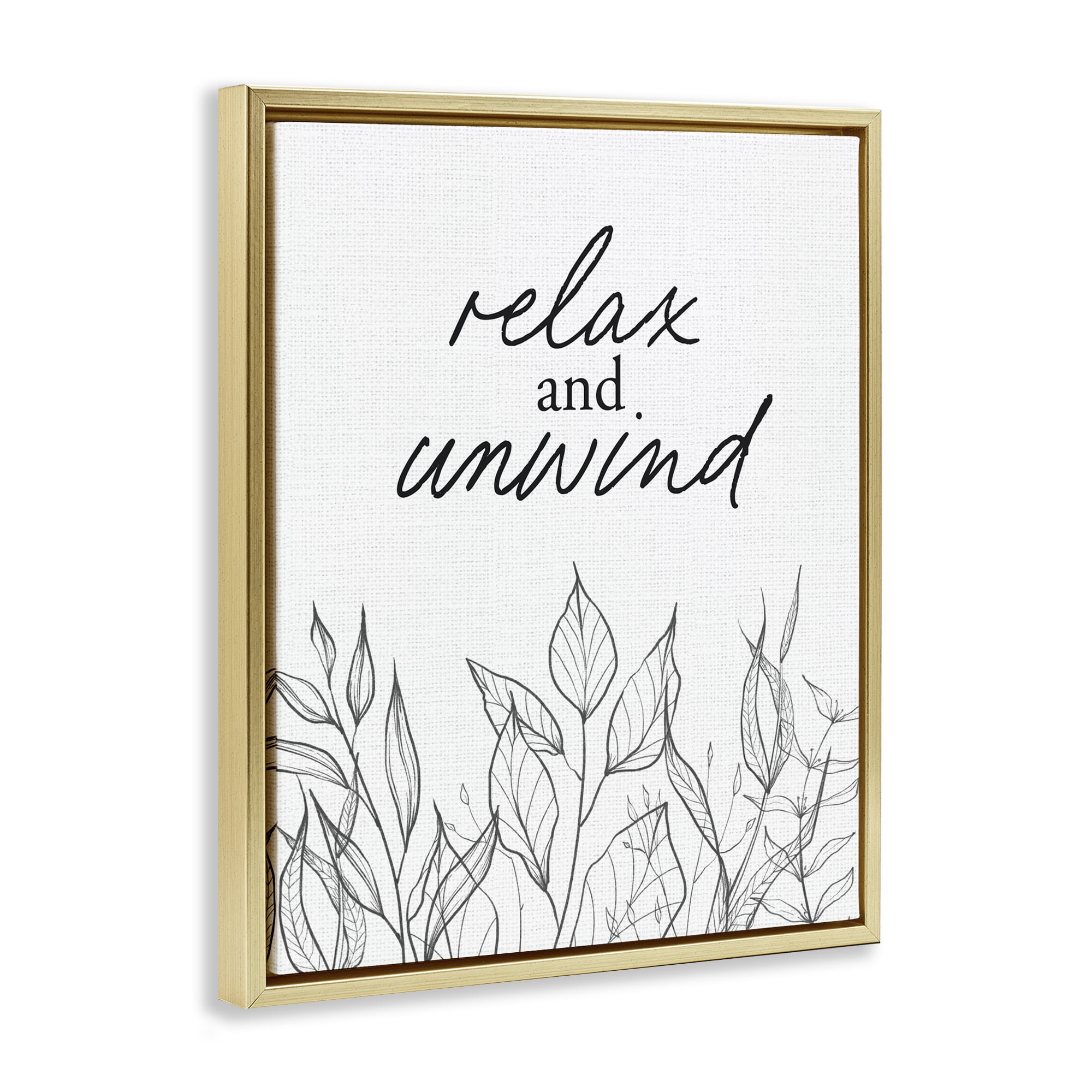 Relax Unwind Minimalist Leaves Gold Framed Floater Canvas Wall Art, design by Lettered and Lined