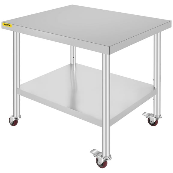 VEVOR Stainless Steel Work Table / Commercial Prep Table 30×36×34 inch;Stainless Steel;3‑Stage Adjustable Shelf;4 Wheels 2 with Brake;220 lb Capacity