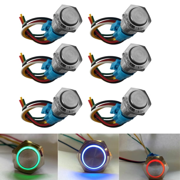 Interruptor de Encendido con Botón Pulsador de Enclavamiento LED de material acero Inoxidable de Interruptor LED 2xRed & 2xBlue & 2xGreen / 6PCS Yotijar Interruptor de botón pulsador de 16 mm
