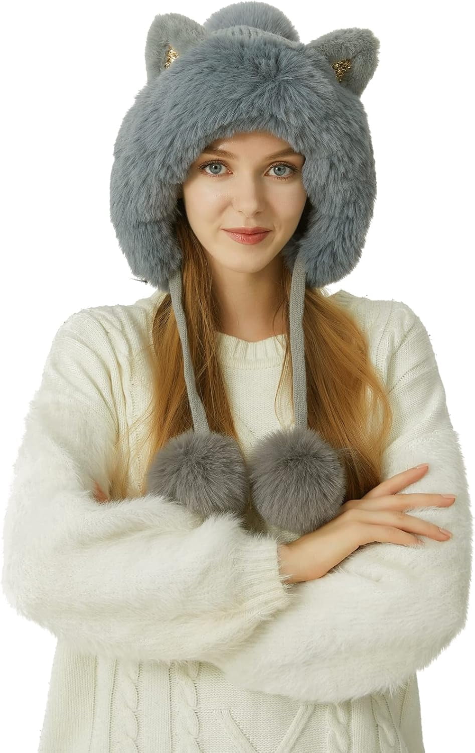 Women Winter Cover Ears Beanie Hat Ear Flaps Ski Snow Hats Knit Fleece Lined 3 Pom Pom