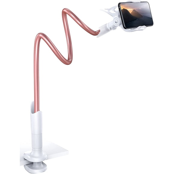 Gooseneck Bed Phone Holder Mount - Flexible Long Arm Clip Clamp Desk, Bendy Lazy Bracket Bedside Stand, Compatible with iPhone 13 14 15 16 17 Pro Max Air Plus Galaxy S25 Ultra S24, Rose Gold
