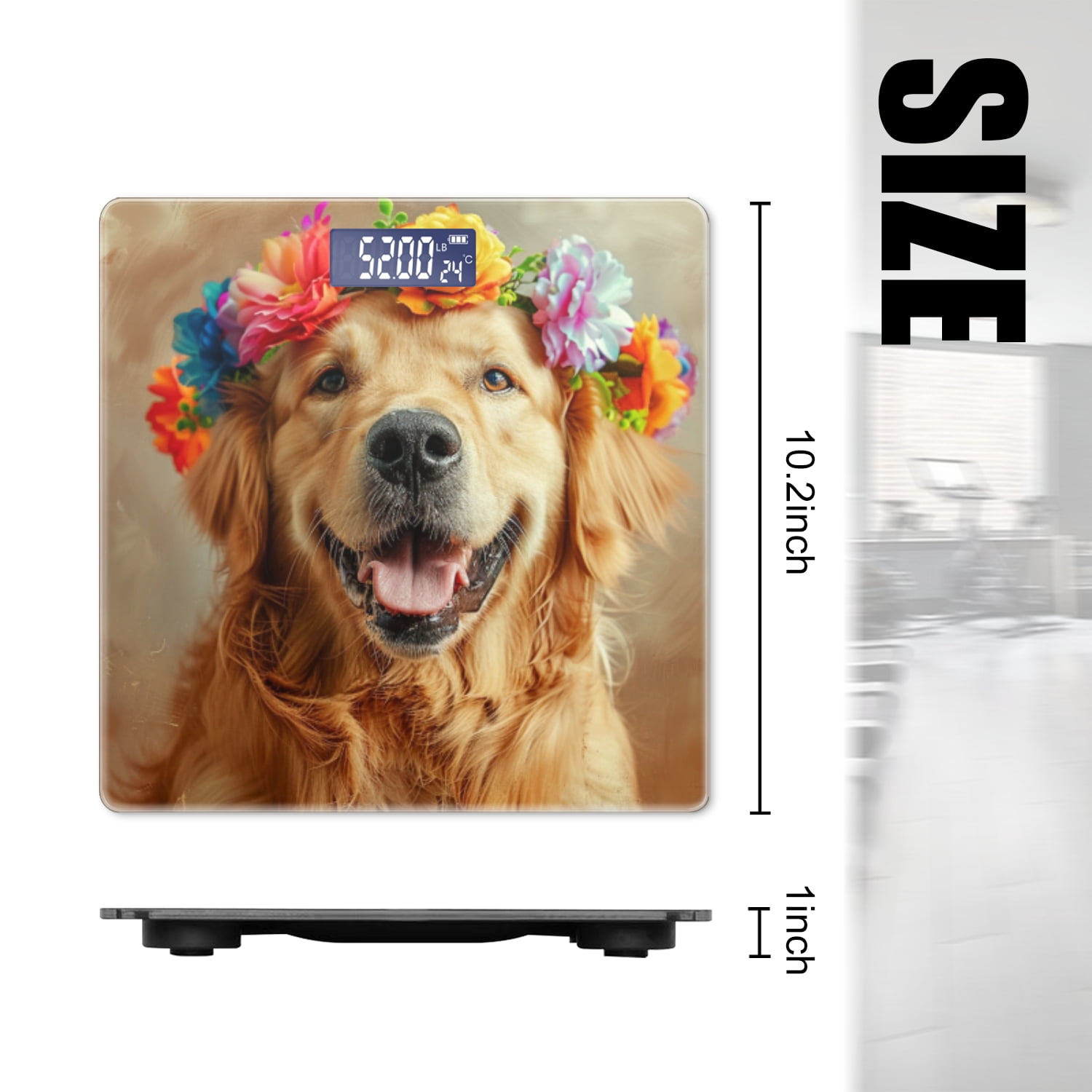 Bathroom Scale, Highly Accurate Digital Body Scale,Precisely Measures Weight up to 400 lbs-Portrait Of Happy Smiling Golden Retriever Dog With A Colorful Flower
