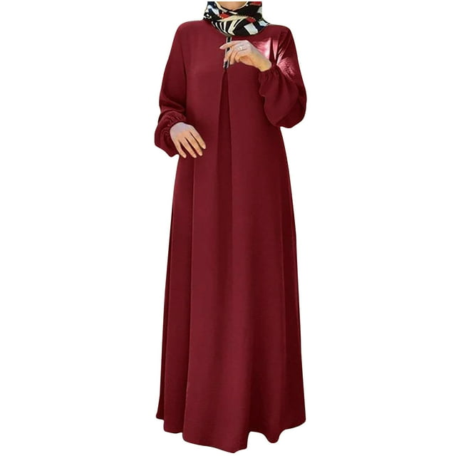 Robe Abaya Musulmane pour Femmes Manches Longues Robe Islamique Poches Vêtements de Prière Maxi Robe Longue Élégante de Vacances