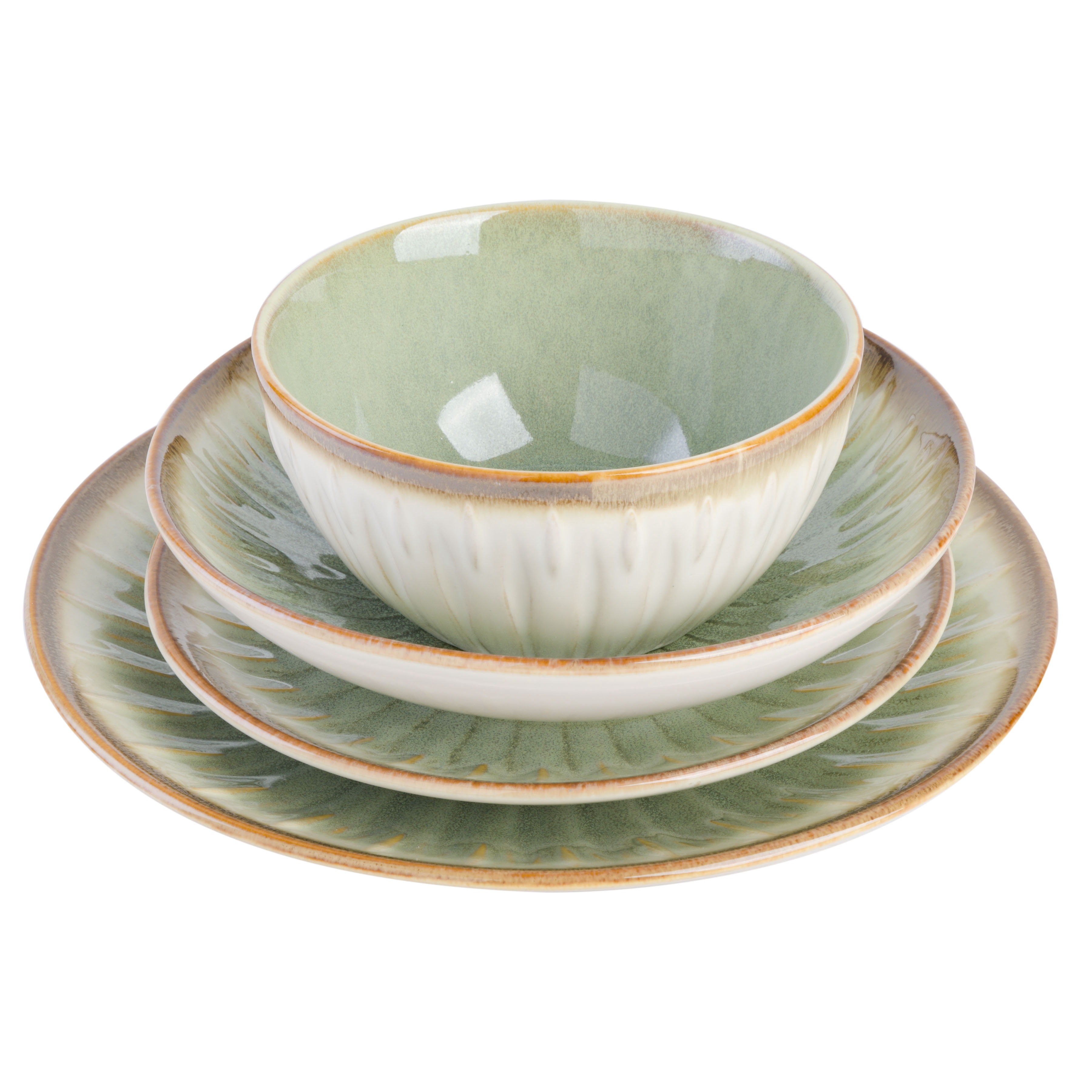 Gibson Elite Mayfair Bay 16 Piece Double Bowl Embossed Reactive Dinnerware – Green