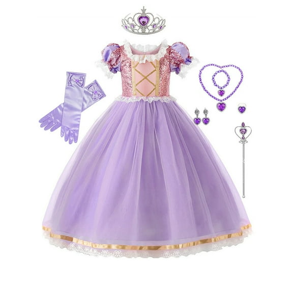 WIBACKER 2-10Y Girls Princess Dress Up With Crown Necklace And Ring For Birthday Party Halloween Christmas Costume Performance Dress Jewelry Set