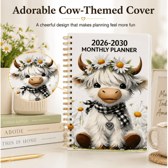 Cute Cow 5‑Year Planner 2026–2030, Portable Five‑Year Monthly Organizer for Office Dorm Family Daily Schedules