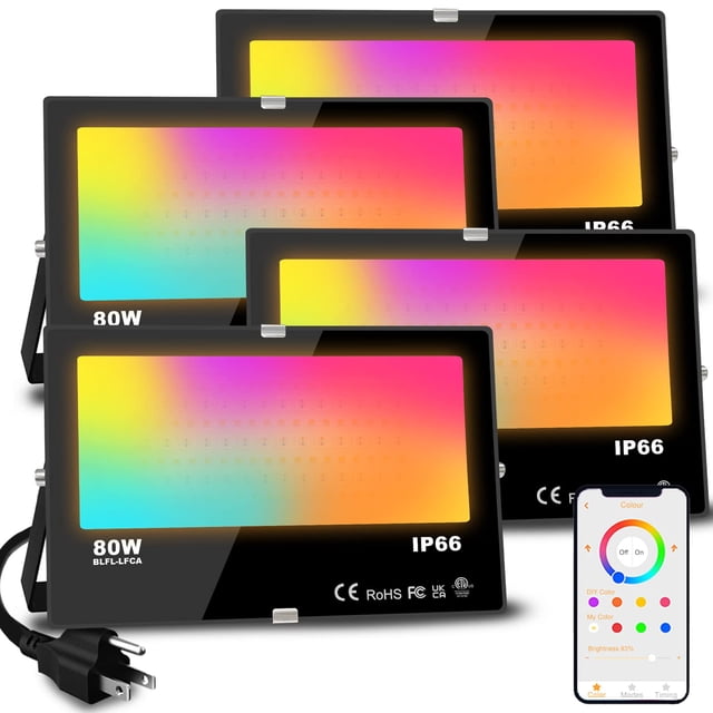 Foco LED MELPO de 80 W, 8000 lúmenes, RGB, 2700 K, impermeable, paquete de 4 unidades