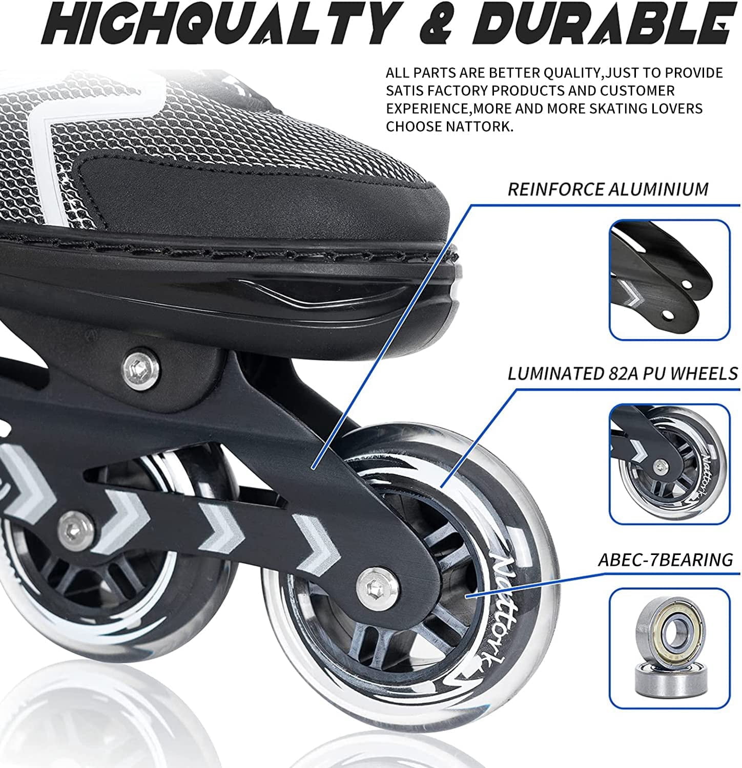 SubSun Inline Skates for Adults Men Women Adjustable Aggressive Durable Roller Blades with Giant Wheels Black S