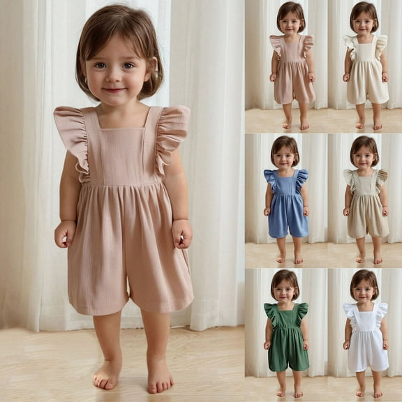 MKOSPLRT 6M-3Y Linen Jumpsuits for Baby Toddler Little Girl Fly Sleeve Square Neck Rompers Shorts Solid Baggy Summer Jumpers Shorts