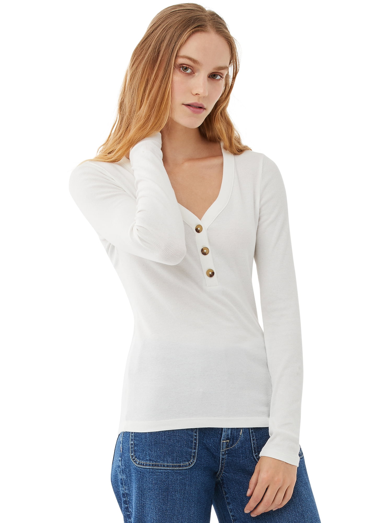 Free Assembly Women's Ribbed Henley Tee with Long Sleeves